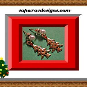 Gold Tone Dangle Christmas Tree Design Earrings With Green & Red Crystals